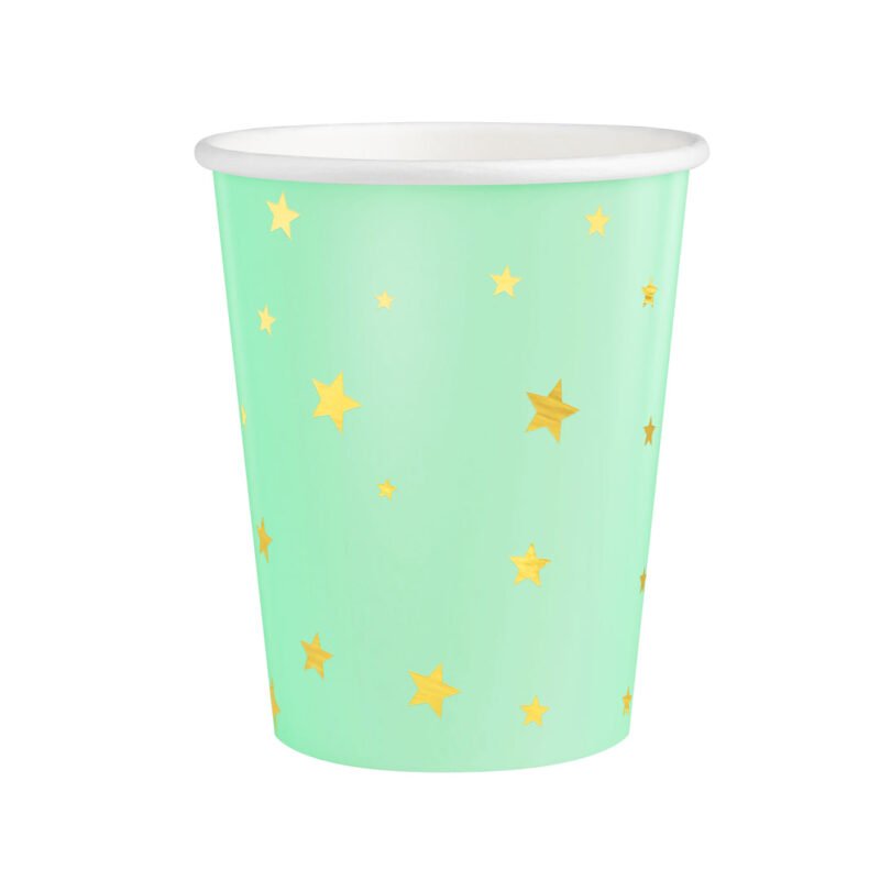 Popieriniai puodeliai mėtinės spalvos su auksinėmis žvaigždutėmis 220ml (1 pak / 6 vnt)
