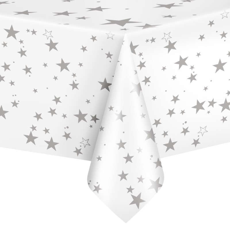 Baltos spalvos staltiesė su sidabrinėmis žvaigždutėmis 137 x 274cm